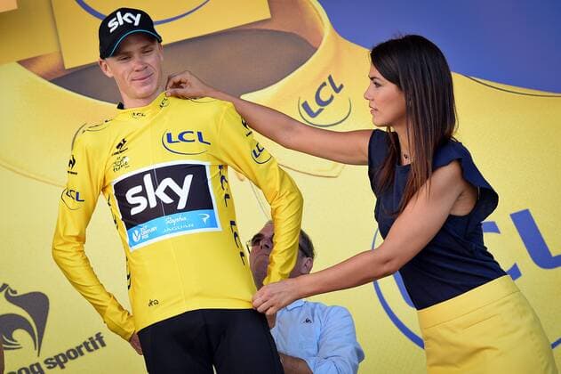 - CAUTERETS, FRANCE: British Chris Froome of Team Sky wearing the yellow jersey of leader in the overall ranking celebrates on the podium after stage 11 of the 2015 edition of the Tour de France cycling race, 188 km from Pau to Vallee de Saint-Savin, Cauterets, France, Wednesday 15 July 2015. This year s Tour de France is taking place from 4 to 26 July. DAVIDxSTOCKMAN  x04664737x