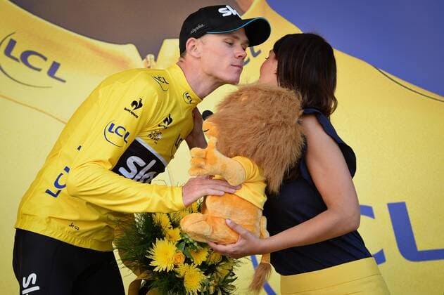 - CAUTERETS, FRANCE: British Chris Froome of Team Sky wearing the yellow jersey of leader in the overall ranking celebrates on the podium after stage 11 of the 2015 edition of the Tour de France cycling race, 188 km from Pau to Vallee de Saint-Savin, Cauterets, France, Wednesday 15 July 2015. This year s Tour de France is taking place from 4 to 26 July. DAVIDxSTOCKMAN  x04664742x