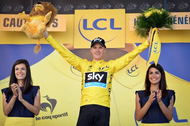 - CAUTERETS, FRANCE: British Chris Froome of Team Sky wearing the yellow jersey of leader in the overall ranking celebrates on the podium after stage 11 of the 2015 edition of the Tour de France cycling race, 188 km from Pau to Vallee de Saint-Savin, Cauterets, France, Wednesday 15 July 2015. This year s Tour de France is taking place from 4 to 26 July. DAVIDxSTOCKMAN  x04664744x