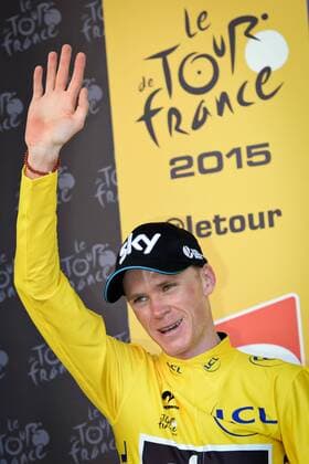 - CAUTERETS, FRANCE: British Chris Froome of Team Sky wearing the yellow jersey of leader in the overall ranking celebrates on the podium after stage 11 of the 2015 edition of the Tour de France cycling race, 188 km from Pau to Vallee de Saint-Savin, Cauterets, France, Wednesday 15 July 2015. This year s Tour de France is taking place from 4 to 26 July. DAVIDxSTOCKMAN  x04664746x