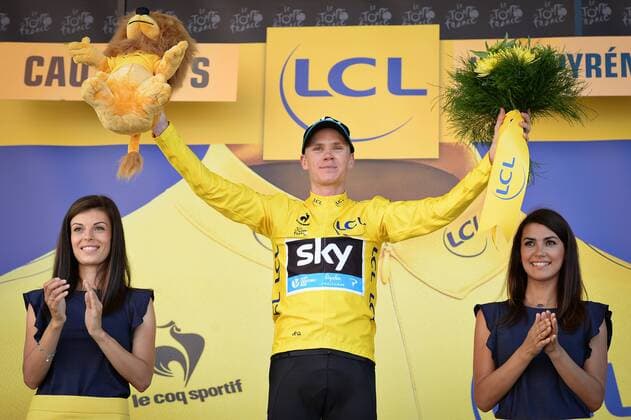 - CAUTERETS, FRANCE: British Chris Froome of Team Sky wearing the yellow jersey of leader in the overall ranking celebrates on the podium after stage 11 of the 2015 edition of the Tour de France cycling race, 188 km from Pau to Vallee de Saint-Savin, Cauterets, France, Wednesday 15 July 2015. This year s Tour de France is taking place from 4 to 26 July. DAVIDxSTOCKMAN  x04664759x