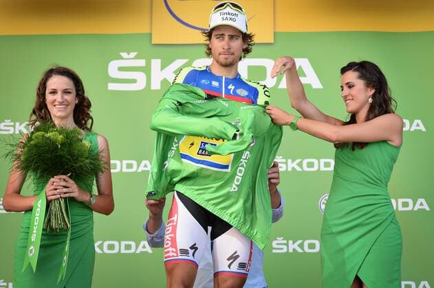 - CAUTERETS, FRANCE: Slovakian Peter Sagan of Tinkoff-Saxo wearing the green jersey of leader in the sprint ranking celebrates on the podium after stage 11 of the 2015 edition of the Tour de France cycling race, 188 km from Pau to Vallee de Saint-Savin, Cauterets, France, Wednesday 15 July 2015. This year s Tour de France is taking place from 4 to 26 July. DAVIDxSTOCKMAN  x04664763x