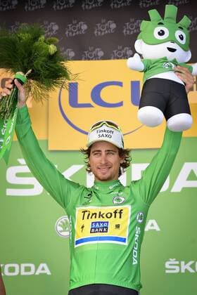 - CAUTERETS, FRANCE: Slovakian Peter Sagan of Tinkoff-Saxo wearing the green jersey of leader in the sprint ranking celebrates on the podium after stage 11 of the 2015 edition of the Tour de France cycling race, 188 km from Pau to Vallee de Saint-Savin, Cauterets, France, Wednesday 15 July 2015. This year s Tour de France is taking place from 4 to 26 July. DAVIDxSTOCKMAN  x04664767x