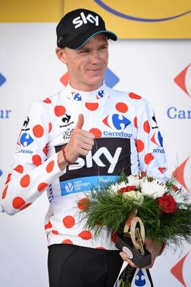- CAUTERETS, FRANCE: British Chris Froome of Team Sky wearing the red polka-dot jersey for best climber celebrates on the podium after stage 11 of the 2015 edition of the Tour de France cycling race, 188 km from Pau to Vallee de Saint-Savin, Cauterets, France, Wednesday 15 July 2015. This year s Tour de France is taking place from 4 to 26 July. DAVIDxSTOCKMAN  x04664754x