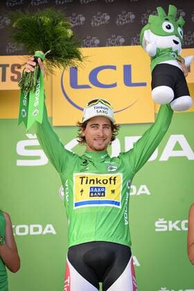 - CAUTERETS, FRANCE: Slovakian Peter Sagan of Tinkoff-Saxo wearing the green jersey of leader in the sprint ranking celebrates on the podium after stage 11 of the 2015 edition of the Tour de France cycling race, 188 km from Pau to Vallee de Saint-Savin, Cauterets, France, Wednesday 15 July 2015. This year s Tour de France is taking place from 4 to 26 July. DAVIDxSTOCKMAN  x04664766x