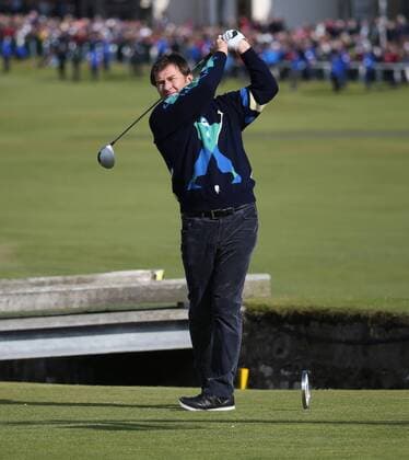 Great Britain s Nick Faldo drives the ball in the Champion s Challenge ahead of the start of the144th Open Championship, St.Andrews on July 15, 2015.  LON2015071514 HUGOxPHILPOTT