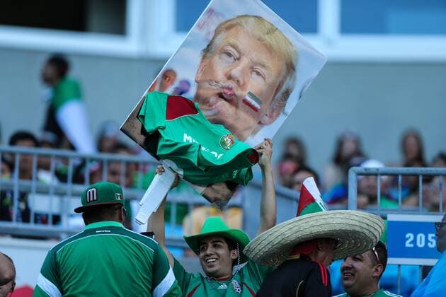 July15,2015: Mexican fans show off a Donald Trump poster during the Gold Cup match in Charlotte,NC. SOCCER: JUL 15 CONCACAF Gold Cup - Group Stage Icon1507153641 EDITORIAL USE ONLY