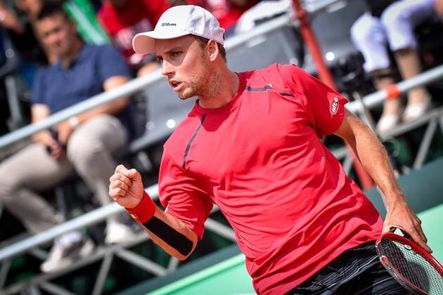 - MIDDELKERKE, BELGIUM: Belgian Steve Darcis celebrates during the first game between Belgian Steve Darcis and Canadian Frank Dancevic at the Davis Cup quarter final World Group meeting between Belgium and Canada, Friday 17 July 2015 in Middelkerke. LUCxCLAESSEN  x04666052x