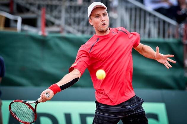 - MIDDELKERKE, BELGIUM: Belgian Steve Darcis pictured in action during the first game between Belgian Steve Darcis and Canadian Frank Dancevic at the Davis Cup quarter final World Group meeting between Belgium and Canada, Friday 17 July 2015 in Middelkerke. LUCxCLAESSEN  x04666054x
