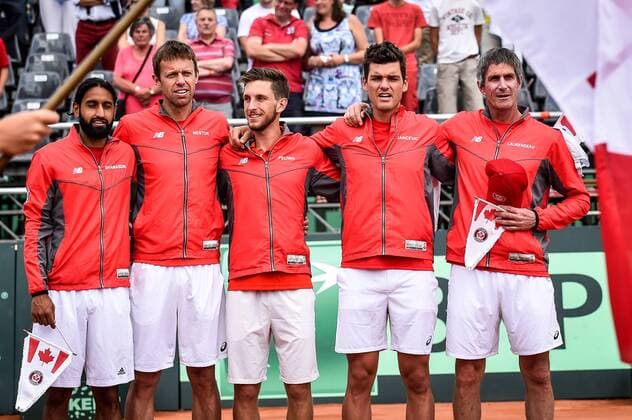 - MIDDELKERKE, BELGIUM: Canada s Adil Shamasdin, Canada s Daniel Nestor, Canada s Filip Peliwo, Canada s Frank Dancevic and Canada s captain Martin Laurendeau pictured ahead of the first game between Belgian Steve Darcis and Canadian Frank Dancevic at the Davis Cup quarter final World Group meeting between Belgium and Canada, Friday 17 July 2015 in Middelkerke. LUCxCLAESSEN  x04666075x