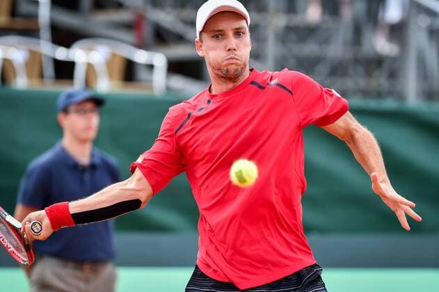 - MIDDELKERKE, BELGIUM: Belgian Steve Darcis pictured in action during the first game between Belgian Steve Darcis and Canadian Frank Dancevic at the Davis Cup quarter final World Group meeting between Belgium and Canada, Friday 17 July 2015 in Middelkerke. LUCxCLAESSEN  x04666113x