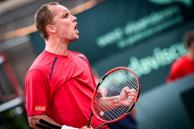 - MIDDELKERKE, BELGIUM: Belgian Steve Darcis celebrate after winning the first game between Belgian Steve Darcis and Canadian Frank Dancevic at the Davis Cup quarter final World Group meeting between Belgium and Canada, Friday 17 July 2015 in Middelkerke. LUCxCLAESSEN  x04666246x