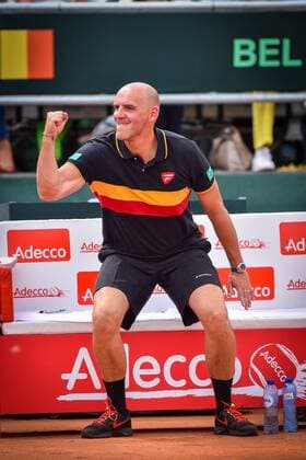 - MIDDELKERKE, BELGIUM: Belgian captain Johan Van Herck celebrates after the first game between Belgian Steve Darcis and Canadian Frank Dancevic at the Davis Cup quarter final World Group meeting between Belgium and Canada, Friday 17 July 2015 in Middelkerke. LUCxCLAESSEN  x04666238x