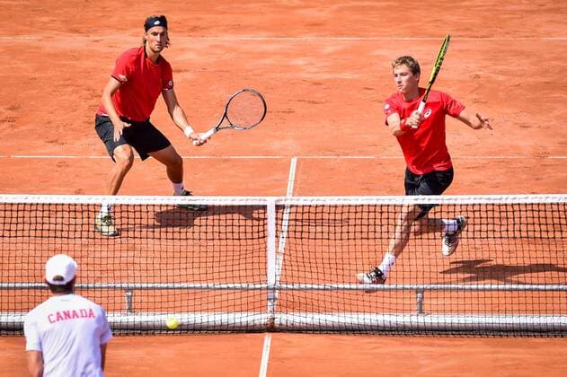 - MIDDELKERKE, BELGIUM: Belgian Ruben Bemelmans and Belgian Kimmer Coppejans pictured in action during the third game, a double match between Belgians Ruben Bemelmans and Kimmer Coppejans and Canadians Daniel Nestor and Adil Shamasdin at the Davis Cup quarter final World Group meeting between Belgium and Canada, Saturday 18 July 2015 in Middelkerke. LUCxCLAESSEN  x04666849x