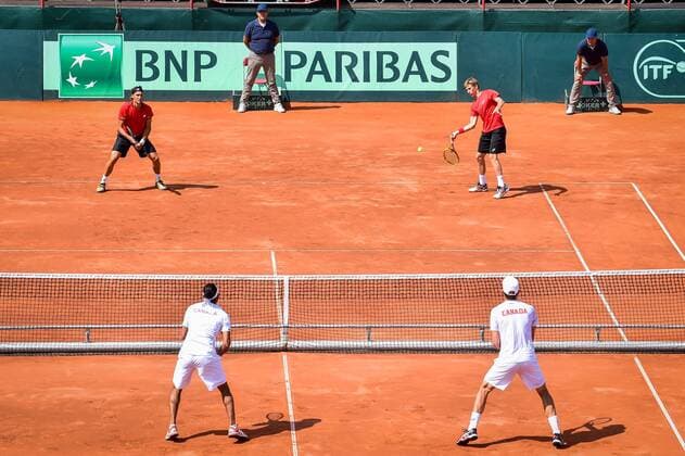 - MIDDELKERKE, BELGIUM: Belgian Ruben Bemelmans (Top L), Belgian Kimmer Coppejans (Top R), Canada s Daniel Nestor (front R) and Canada s Adil Shamasdin (front L) in action during the third game, a double match between Belgians Ruben Bemelmans and Kimmer Coppejans and Canadians Daniel Nestor and Adil Shamasdin at the Davis Cup quarter final World Group meeting between Belgium and Canada, Saturday 18 July 2015 in Middelkerke. LUCxCLAESSEN  x04666882x