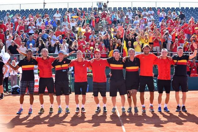 - MIDDELKERKE, BELGIUM: Belgian team celebrates after winning the Davis Cup quarter final World Group meeting between Belgium and Canada, Saturday 18 July 2015 in Middelkerke. LUCxCLAESSEN  x04666919x