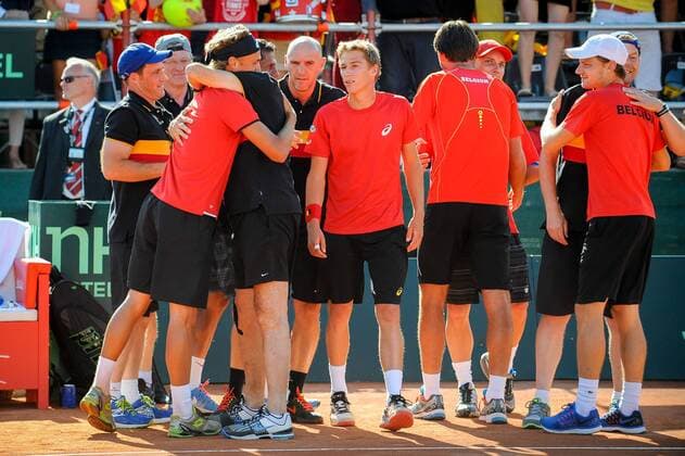 - MIDDELKERKE, BELGIUM: Belgian team celebrates after winning the Davis Cup quarter final World Group meeting between Belgium and Canada, Saturday 18 July 2015 in Middelkerke. LUCxCLAESSEN  x04666955x
