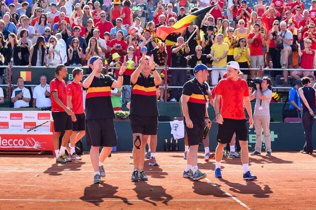 - MIDDELKERKE, BELGIUM: Belgian team celebrates after winning the Davis Cup quarter final World Group meeting between Belgium and Canada, Saturday 18 July 2015 in Middelkerke. LUCxCLAESSEN  x04666995x