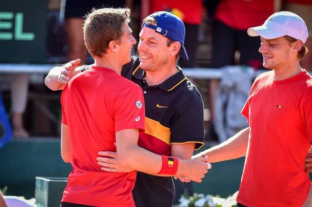- MIDDELKERKE, BELGIUM: Belgian Kimmer Coppejans (L) and Belgian David Goffin (R) celebrate after winning the Davis Cup quarter final World Group meeting between Belgium and Canada, Saturday 18 July 2015 in Middelkerke. LUCxCLAESSEN  x04667007x
