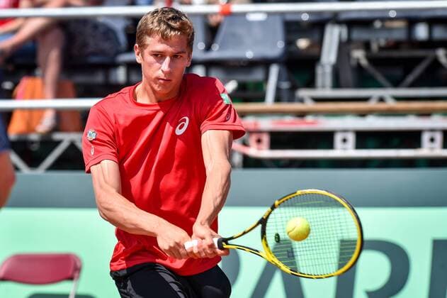 - MIDDELKERKE, BELGIUM: Belgian Kimmer Coppejans pictured in action during the fourth game between Belgian Kimmer Coppejans and Canadian Frank Dancevic at the Davis Cup quarter final World Group meeting between Belgium and Canada, Sunday 19 July 2015 in Middelkerke. Belgium leads 3-0 and qualified for the semi-finals. LUCxCLAESSEN  x04667237x