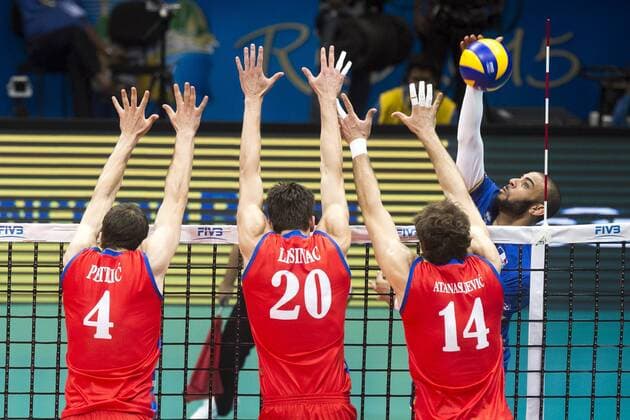 Volei Servia X Franca RIO DE JANEIRO, Brazil - 07 19 2015: VOLLEYBALL SERBIA X FRANCE - Ngapeth, Atanasijevic, Lusina and Petric during Servia X France by the end of the World Volleyball League in Maracan?zinho Gymnasium. (Photo: Celso Pupo FotoArena)  CelsoxPupo