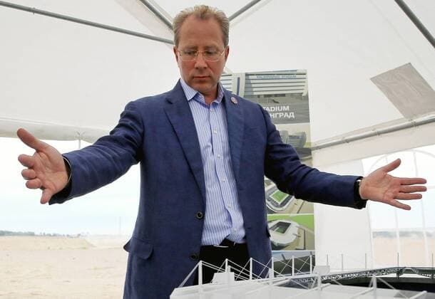 KALININGRAD, RUSSIA. JULY 19, 2015. Kaliningrad Region s deputy governor Alexander Rolbinov at the unveiling of a scale model of a stadium proposed to be built on Oktyabrsky Island in the town of Kaliningrad. The stadium is to host some football matches of the 2018 FIFA World Cup WM Weltmeisterschaft Fussball Sergei Fadeichev TASS  TS007F88