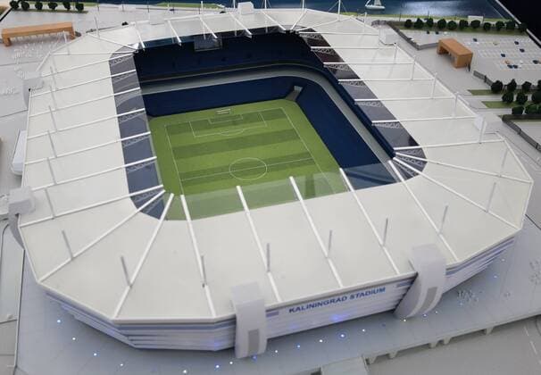 KALININGRAD, RUSSIA. JULY 19, 2015. A scale model of Arena Baltika stadium which is currently under construction on Oktyabrsky Island in the town of Kaliningrad. The stadium is to host some football matches of the 2018 FIFA World Cup WM Weltmeisterschaft Fussball Sergei Fadeichev TASS  TS007F87