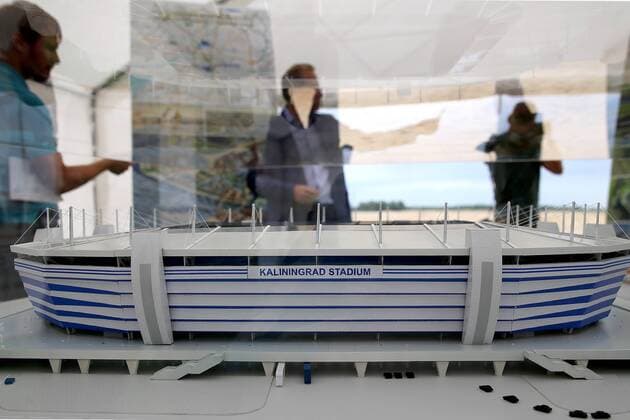 KALININGRAD, RUSSIA. JULY 19, 2015. A scale model of Arena Baltika stadium which is currently under construction on Oktyabrsky Island in the town of Kaliningrad. The stadium is to host some football matches of the 2018 FIFA World Cup WM Weltmeisterschaft Fussball Sergei Fadeichev TASS  TS007F85