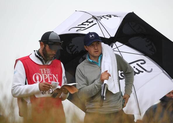 American Jordan Spieth talks to his caddie on the 6th tee during the final round at the 144th Open Championship, St.Andrews on July 20 2015.  LON2015072013 HUGOxPHILPOTT