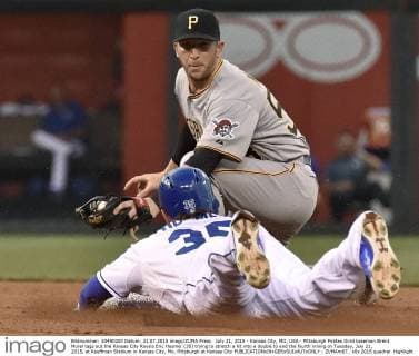 July 21, 2015 - Kansas City, MO, USA - Pittsburgh Pirates third baseman Brent Morel tags out the Kansas City Royals Eric Hosmer (35) trying to stretch a hit into a double to end the fourth inning on Tuesday, July 21, 2015, at Kauffman Stadium in Kansas City, Mo. Pittsburgh at Kansas City - ZUMAm67_