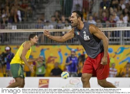 (150722) -- TORONTO, July 22, 2015-- Juan Virgen (R) of Mexico celebrates scoring towards his partner Rodolfo Ontiveros during Men s Gold Medal Match of Beach volleyball Beachvolleyball at the 17th Pan American Games in Toronto, Canada on July 21, 2015. Juan Virgen and Rodolfo Ontiveros claimed the title after defeating Vitor Araujo and Alvaro Magliano of Brazil with 2-1. )(wll) (SP)CANADA-TORONTO-PAN AM GAMES-BEACH VOLLEYBALL ZouxZheng 