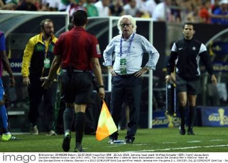 22 July 2015: Jamaica head coach Winfried Schaefer (GER) (right) stares down Assistant Referee Octavio Jara (CRC) (left). The United States Men s national team Nationalteam played the Jamaica Men s National Team at the Georgia Dome in Atlanta, Georgia in a 2015 CONCACAF Gold Cup semifinal match. Jamaica won the game 2-1. SOCCER: JUL 22 CONCACAF Gold Cup - Semifinals - USA v Jamaica Icon918150722016 EDITORIAL USE ONLY