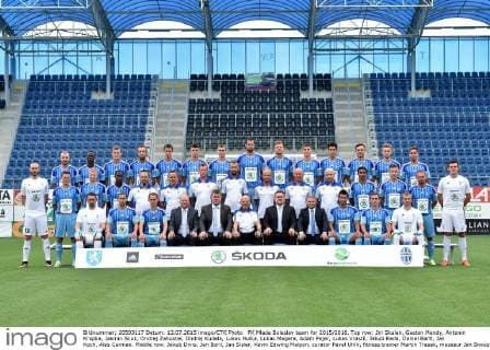FK Mlada Boleslav team for 2015 2016. Top row: Jiri Skalak, Gaston Mendy, Antonin Krapka, Jasmin Scuk, Ondrej Zahustel, Ondrej Kudela, Lukas Hulka, Lukas Magera, Adam Pajer, Lukas Vrastil, Jakub Rada, Daniel Bartl, Jan Koch, Ales Cermak. Middle row: Jakub Divis, Jan Boril, Jan Sisler, Kevin Edwing Malpon, curator Pavel Uhlir, fitness trainer Martin Trasak, masseur Jan Skoupy, goalie coach Filip Toncar, David Jarolim, assistant coach Boris Koci, physiotherapist Vaclav Kubicek, Florian Milla, Tomas Fabian, Jan Stohanzl, Lukas Godula. Bottom row: Jan Seda, Jan Kysela, Jan Chramosta, club director Michael Dolezal, board member Frantisek Petrtyl, coach Karel Jarolim, club president Josef Dufek, club secretary Vladimir Rosenberger, Milan Baros, Stanislav Klobasa, Robert Veselovsky, July 13, 2015, Mlada Boleslav, Czech Republic. (CTKxPhoto RadekxPetrasek) CTKPhotoP201507140761001  PER
