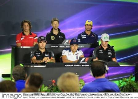 23.07.2015. Hungaroring, Budapest, Hungary. FIA Formual 1 Grand Prix of Hungary. Drivers press conference PK Pressekonferenz Lotus F1 Team & x2013; Romain Grosjean, Sahara Force India & x2013; Nico Hulkenberg, Williams Martini Racing & x2013; Felipe Massa, Manor Marussia F1 Team & x2013; Roberto Merhi, Sauber F1 Team & x2013; Felipe Nasr and Sahara Force India & x2013; Sergio Perez xLeannexBoonx  ActionPlus11642799