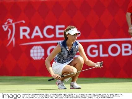 July 23, 2015 - Belmont, Michigan, USA - Louise Stahle of Sweden lines up her putt on the 18th green during the first round of the Meijer LPGA Golf Damen Classic golf tournament at Blythefield Country Club in Belmont, MI, USA Sunday, July 23, 2015. Meijer LPGA Classic  - ZUMAn230