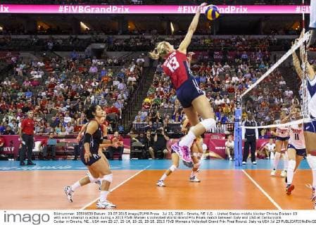 Jul 23, 2015 - Omaha, NE U.S. - United States middle blocker Christa Dietzen 13 with a kill attempt in action during a 2015 FIVB Women s Volleyball World Grand Prix Finals match between Italy and USA at CenturyLink Center in Omaha, NE...USA won 25-17, 25-14, 15-25, 25-18. 2015 FIVB Women s Volleyball Grand Prix Final Round: Italy vs USA Jul 23 - ZUMAc04_