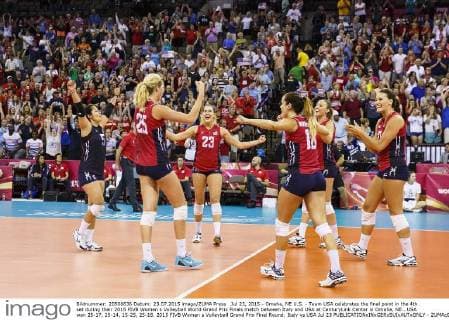 Jul 23, 2015 - Omaha, NE U.S. - Team USA celebrates the final point in the 4th set during their 2015 FIVB Women s Volleyball World Grand Prix Finals match between Italy and USA at CenturyLink Center in Omaha, NE...USA won 25-17, 25-14, 15-25, 25-18. 2015 FIVB Women s Volleyball Grand Prix Final Round: Italy vs USA Jul 23 - ZUMAc04_
