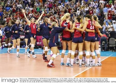 Jul 23, 2015 - Omaha, NE U.S. - Team USA celebrates the final point in the 4th set during their 2015 FIVB Women s Volleyball World Grand Prix Finals match between Italy and USA at CenturyLink Center in Omaha, NE...USA won 25-17, 25-14, 15-25, 25-18. 2015 FIVB Women s Volleyball Grand Prix Final Round: Italy vs USA Jul 23 - ZUMAc04_