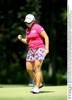 July 24, 2015 - Belmont, Michigan, USA - Ha na Jang of Seoul Kore celebrates her safe on the 13th green during the second round of the Meijer LPGA Golf Damen Classic golf tournament at Blythefield Country Club in Belmont, MI, USA Friday, July 24, 2015. Meijer LPGA Classic  - ZUMAn230