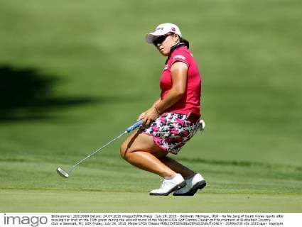 July 24, 2015 - Belmont, Michigan, USA - Ha Na Jang of South Korea reacts after missing her shot on the 15th green during the second round of the Meijer LPGA Golf Damen Classic golf tournament at Blythefield Country Club in Belmont, MI, USA Friday, July 24, 2015. Meijer LPGA Classic  - ZUMAn230