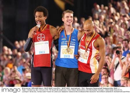 24.07.2015 - Leichtathletik - DLV - Deutsche Meisterschaft Meisterschaften 2015 - MaWi - Weitsprung Alyn Camara (774, TSV Bayer 04 Leverkusen, links) Fabian Heinle (1163, LAV Stadtwerke Tübingen, mitte) Julian Howard (53, LG Region Karlsruhe, rechts) Jubel Freude