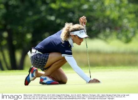 July 24, 2015 - Belmont, Michigan, USA - Giulia Sergas of Italy lines up her putt on the 1st green during the second round of the Meijer LPGA Golf Damen Classic golf tournament at Blythefield Country Club in Belmont, MI, USA Friday, July 24, 2015. Meijer LPGA Classic  - ZUMAn230