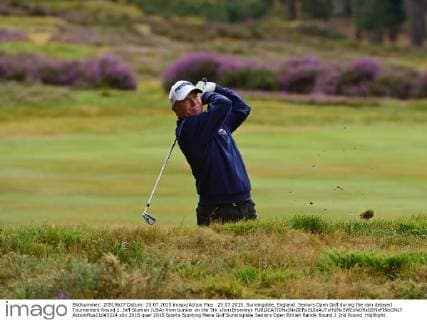 25.07.2015. Sunningdale, England. Seniors Open Golf during the rain delayed Tournament Round 2. Jeff Sluman (USA) from bunker on the 5th xJonxBromleyx  ActionPlus11643224