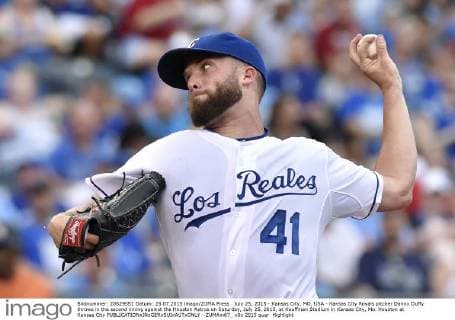 July 25, 2015 - Kansas City, MO, USA - Kansas City Royals pitcher Danny Duffy throws in the second inning against the Houston Astros on Saturday, July 25, 2015, at Kauffman Stadium in Kansas City, Mo. Houston at Kansas City - ZUMAm67_