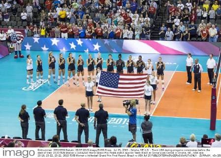 Jul 25, 2015 - Omaha, NE U.S. - Team USA during pregame ceremonies before the start of their 2015 FIVB Women s Volleyball World Grand Prix Finals match against Team Brazil at CenturyLink Center in Omaha, NE...USA won 25-16, 25-22, 25-21. 2015 FIVB Women s Volleyball Grand Prix Final Round: Brazil vs USA Jul 25 - ZUMAc04_