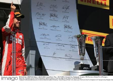 26.07.2015. Hungaroring, Budapest, Hungary. FIA Formula 1 Grand Prix of Hungary. Race day. Scuderia Ferrari driver Sebastian Vettel finishes on the top step of the podium xLeannexBoonx  ActionPlus11644037