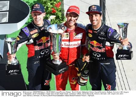 Daniil Kwjat; Sebastian Vettel, Daniel Ricciardo, Podium, formula 1 GP, Ungarn in Budapest, 26.07.2015 Photo:mspb Jerry Andre Daniil Kwjat; Sebastian Vettel, Daniel Ricciardo, Podium, formula 1 GP, Ungarn