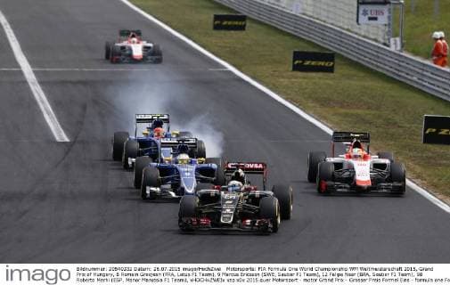 Motorsports: FIA Formula One World Championship WM Weltmeisterschaft 2015, Grand Prix of Hungary, 8 Romain Grosjean (FRA, Lotus F1 Team), 9 Marcus Ericsson (SWE, Sauber F1 Team), 12 Felipe Nasr (BRA, Sauber F1 Team), 98 Roberto Merhi (ESP, Manor Marussia F1 Team), xHOCHxZWEIx