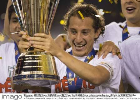 July 26, 2015: Mexico midfielder Andres Guardado (18) holds the CONCACAF Gold Cup Trophy while surrounded by teammates following the CONCACAF Gold Cup 2015 Final match between Jamaica and Mexico at Lincoln Financial Field in Philadelphia, Pennsylvania. Mexico won 3-1. Soccer 2015: Jamaica vs Mexico JUL 26 - ZUMAc04_