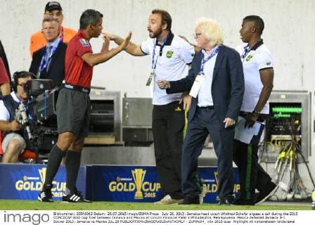 July 26, 2015: Jamaica head coach Winfried Schafer argues a call during the 2015 CONCACAF Gold Cup final between Jamaica and Mexico at Lincoln Financial Field in Philadelphia, Pennsylvania. Mexico defeated Jamaica 3-1. Soccer 2015: Jamaica vs Mexico JUL 26 - ZUMAc04_